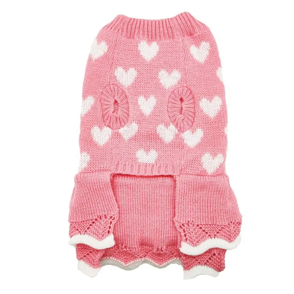 Round-neck Dog Heart Sweater Dress Wear-resistant Warm Heart Pattern Pet Sweater Breathable Stretchable Dog Cat Sweater Dress