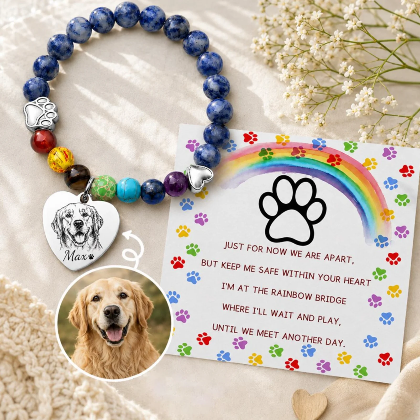 Pet Portrait Rainbow Bridge Pet Memorial Bracelet for Beloved Dog Cat, Pawprint on My Heart Personalized Handmade Bracelet