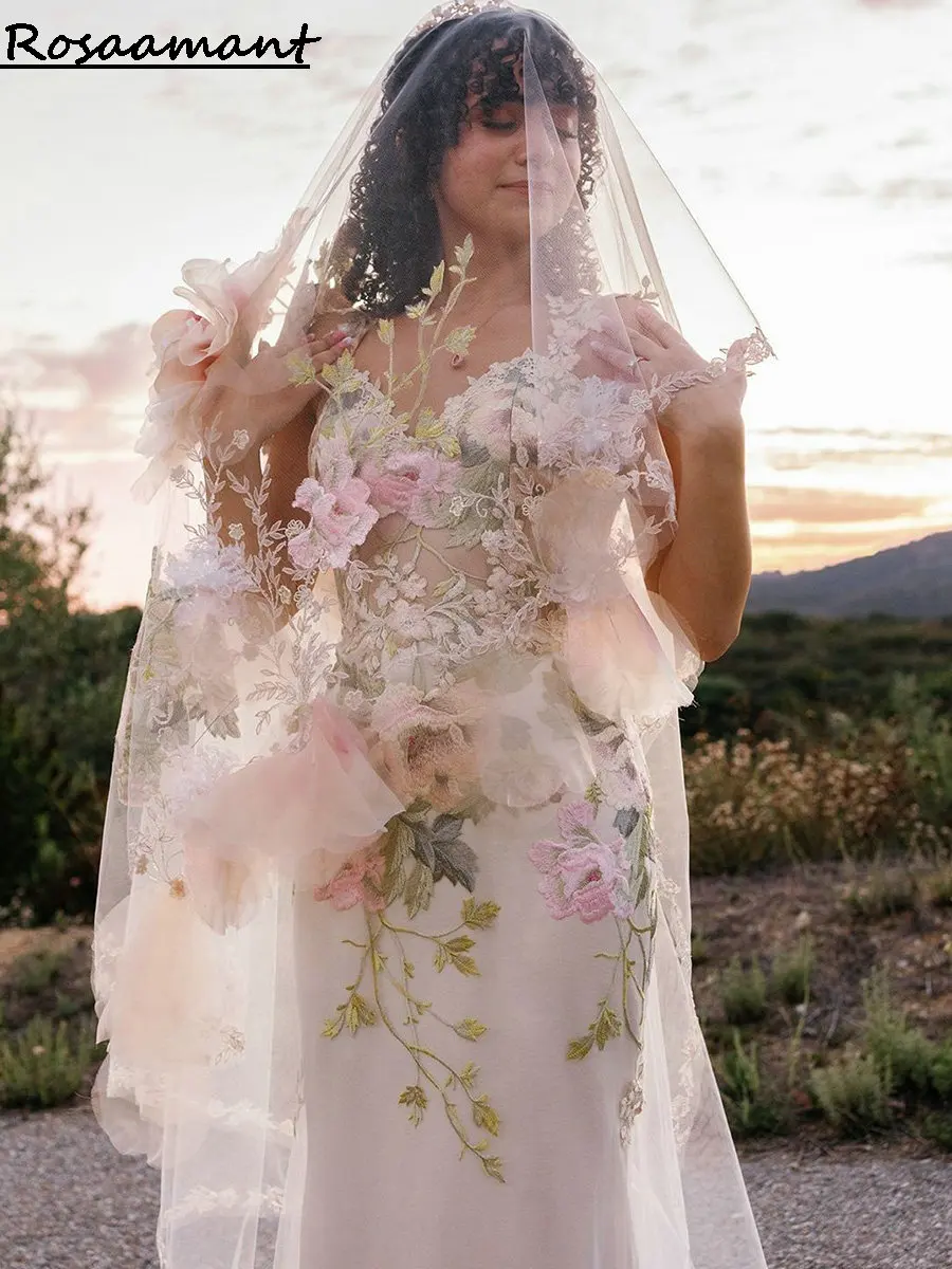 Vestidos De Noiva De Sereia Com Capa, Bordado Floral, Vestidos De Noiva Elegantes, Correias De Espaguete, Flores 3D