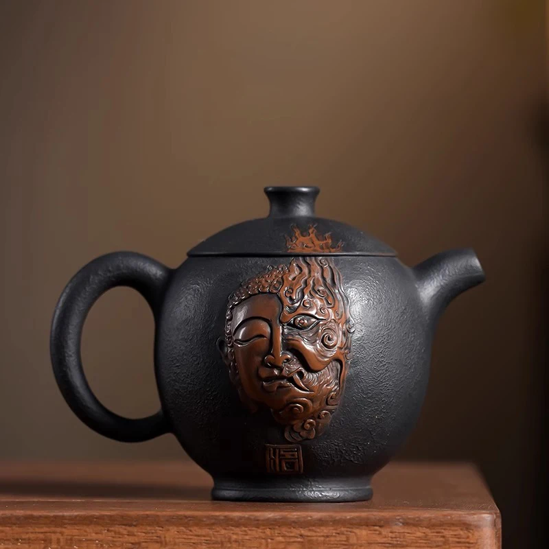 Jianshui Purple Pottery Teapot, Handmade Sculpture of Good and Evil, Small Ding Pot, Xiong Lianghui Handmade Tea Pot Ceramic Pot