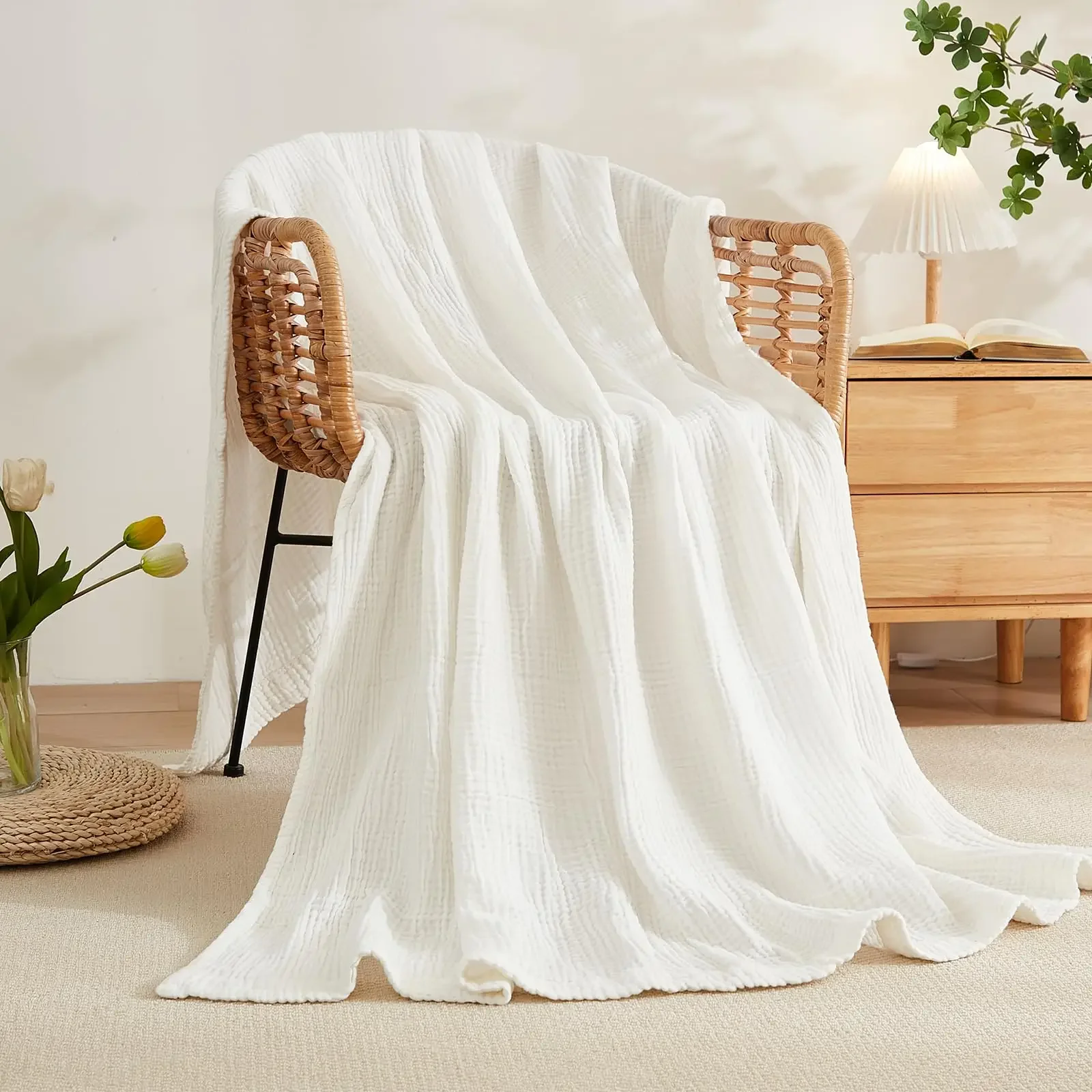 100% Cotton Muslin Blanket, 6 Layer Lightweight Breathable Gauze Throw Blanket for Sofa, Couch, Soft All Season Blanket for Bed