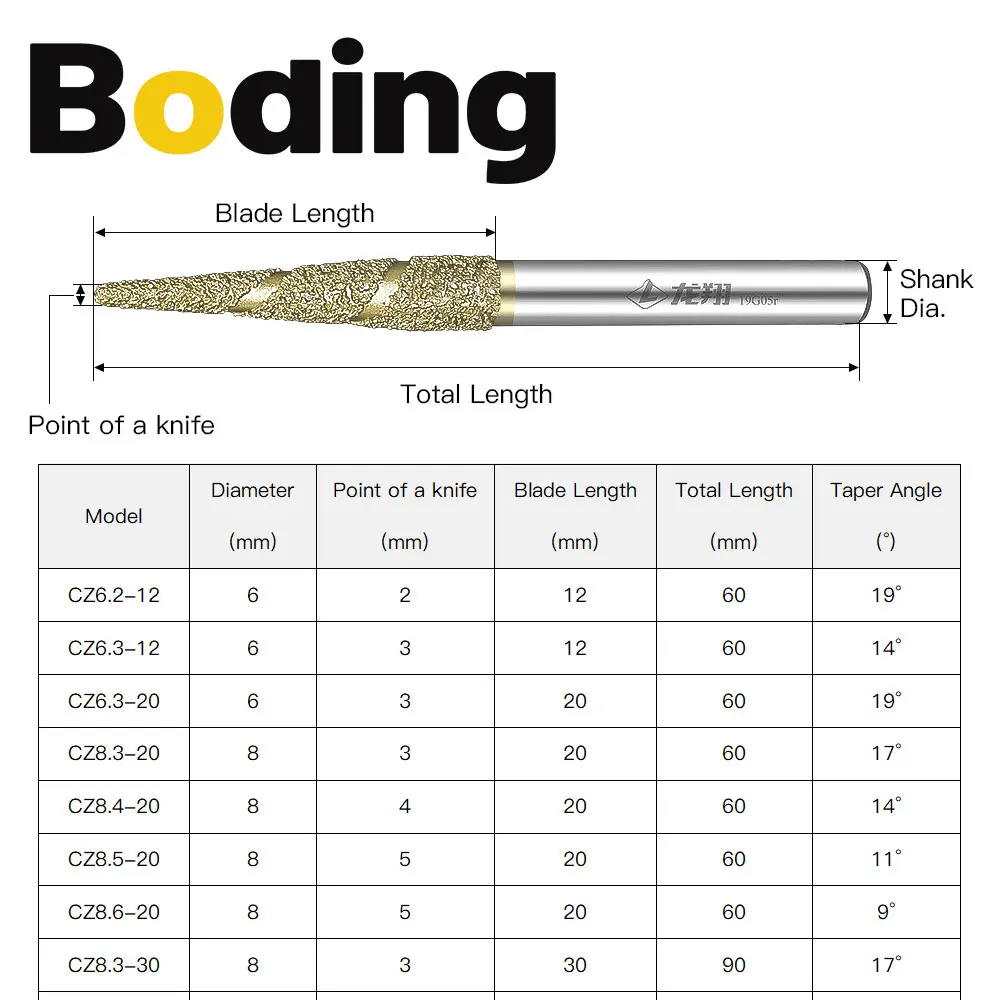 BODING Melt Melting CNC Stone Carving Router Bit Stone Carving Tools Deep Relief Lettering Granite Diamond Engraving Tool