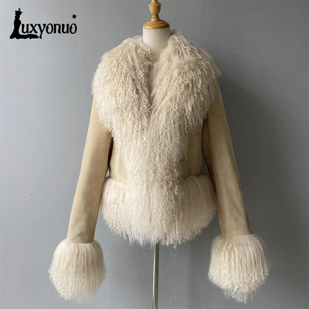 Luxus Echt ledermantel mit flauschigen mongolischen Schafspelz besatz Winter warme Echt lederjacke Damenmode Oberbekleidung fallen