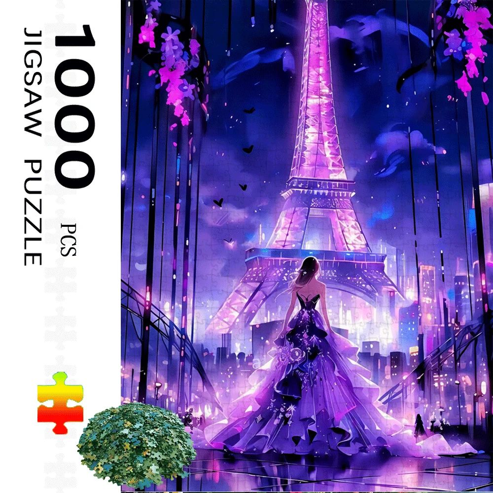 

1000 шт. Пазл «Фэнтези Париж Эйфелева башня» — яркий фиолетовый и розовый ночной горизонт, большая игрушка-головоломка для взрослых и семьи, D