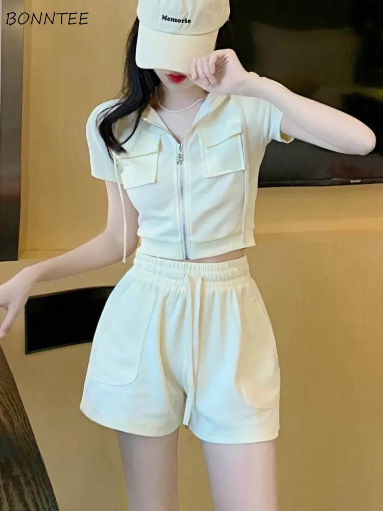 Short Sets Women Daily Fashion Slim Solid Simple All-match Korean Style Leisure Summer Pockets Creativity Elegant Sweet Ladies