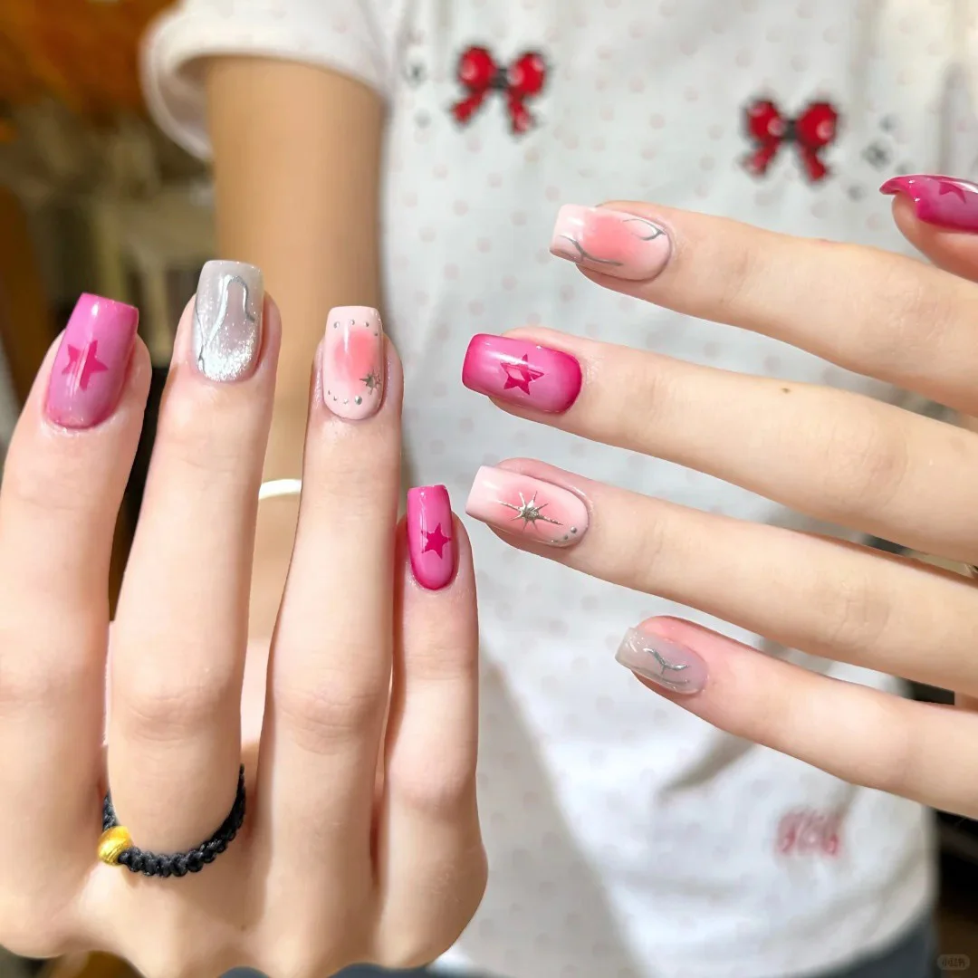 

10 шт., ручная работа Y2K Press On Nails, блестящие кошачьи глаза, розовая звезда, румяна, дизайн, сладкие крутые накладные ногти, носимые советы по дизайну ногтей для горячей девушки