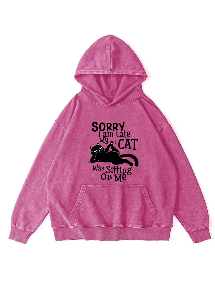 

My Cat Was Sitting On Me Printed Distressed Cotton Hooded Women Comfortable Autumn Warm Hoodie Fashion Casual Washed Tops Female