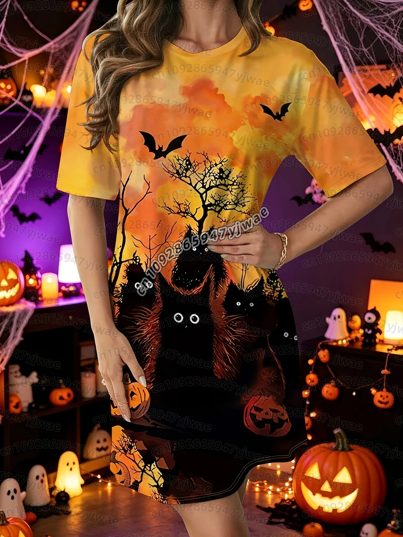 26 Damen „Halloween Karnevalsnacht“ Orange Kürbis-Fledermaus-Print T-Shirt-Kleid Damen Halloween Cosplay T-Shirt-Kleid – Detail 4