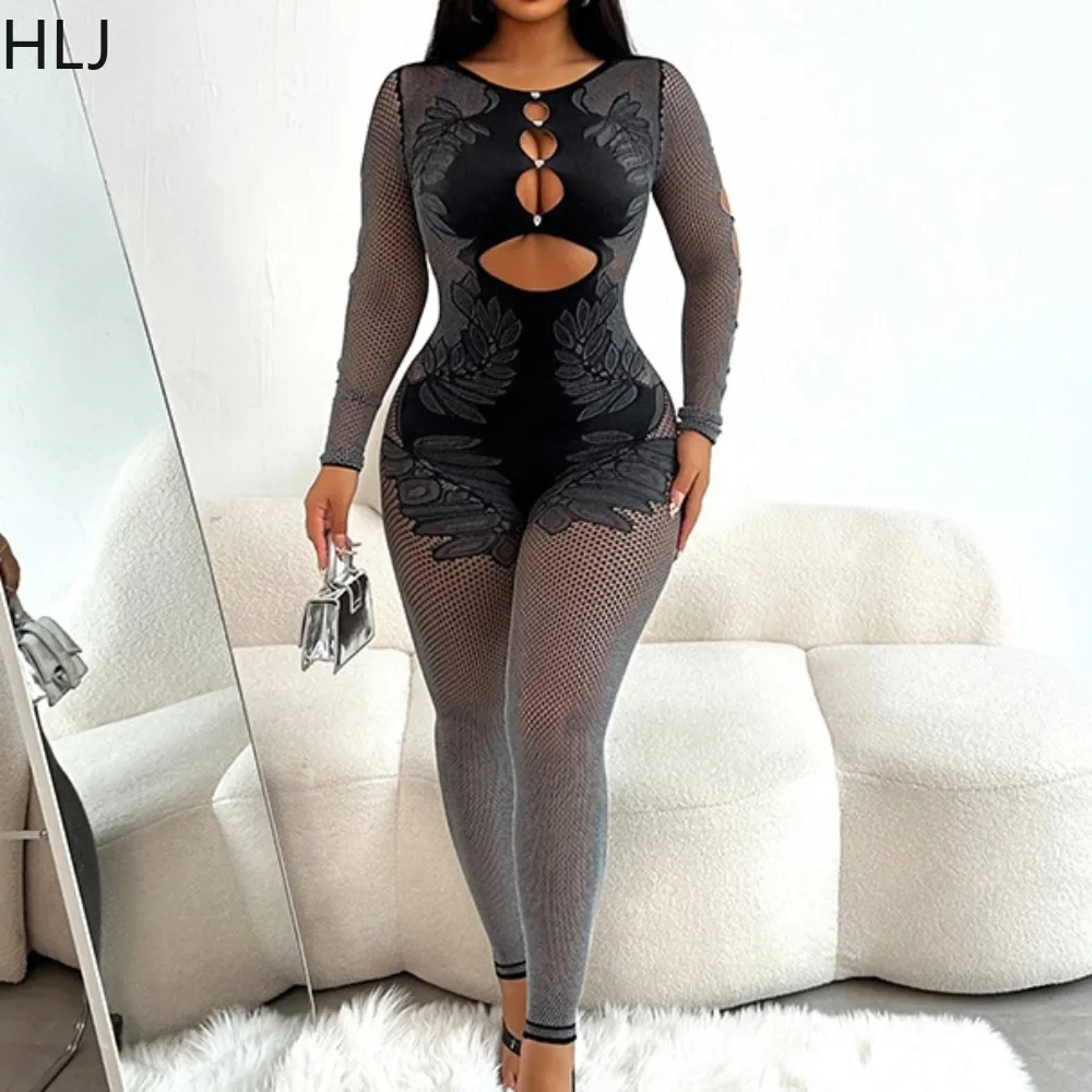 HLJ Thick Knitting Sexy Bodycon One Pieces Jumpsuits Women Hollow Long Sleeve Slim High Stretchy Playsuits Fashion Club Overalls