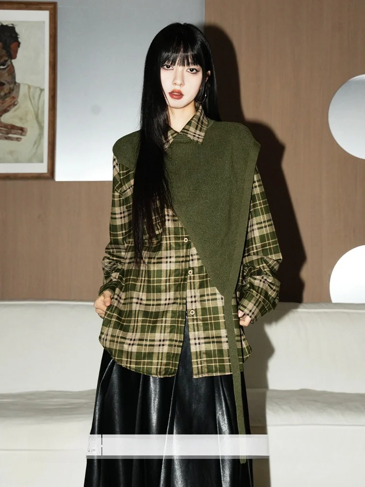 

Loose Casual Sle Long Sve Knitted irt Women's Spring Autumn Plaid Pattern Dumb Hair Two Piece Set Casual Loose irt