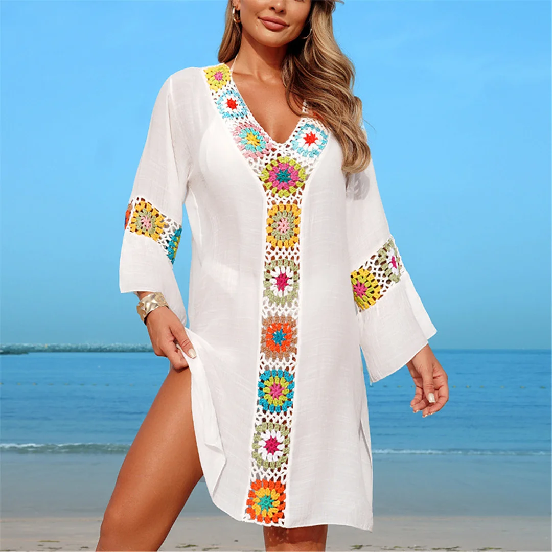 Bedrucktes, langärmeliges, gehäkeltes Strick-Tunika-Strandkleid, Strandmode, Strandbekleidung, Strand-Cover-up, Damen, V7208 – Detail 4
