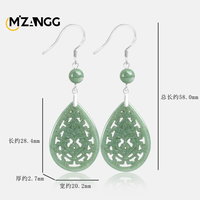 Brincos vintage esculpidos ocos para mulheres, prata S925, jadeite natural, incrustada com gota d'água, jade, estilo nacional