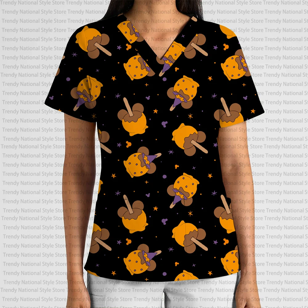 Halloween Pumpkin Head Disney Mickey Print V-Neck Pocket Short Sleeve Top Dental Pet Shop Beauty Salon Nurse Medical T-shirt