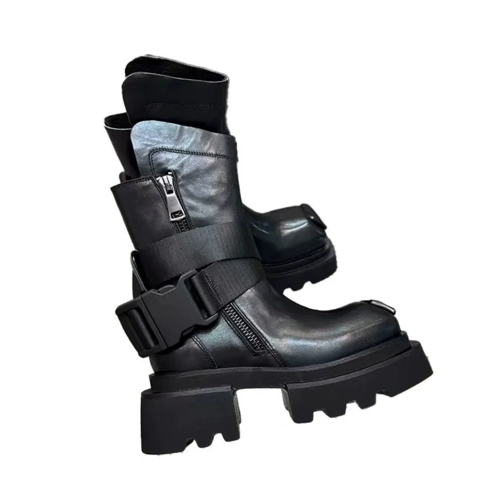 

Кожаные мотоциклетные ботинки унисекс с квадратным носком, на толстой подошве, черные, с пряжкой, высокие, облегающие