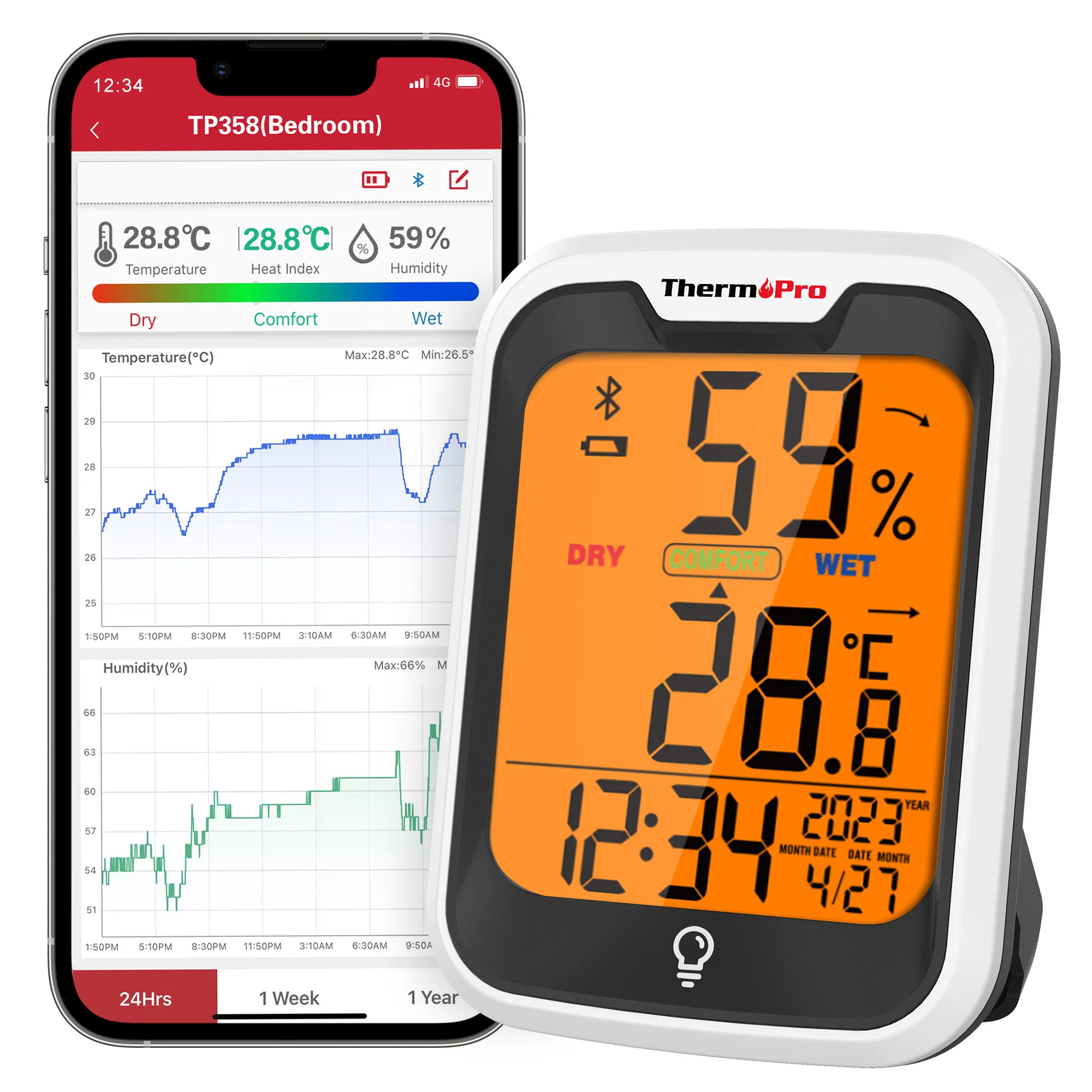 ThermoPro-مقياس حرارة داخلي ومقياس رطوبة ، TP358 ، إضاءة خلفية ، تطبيق يتم التحكم فيه بالبلوتوث ، أرقام ، محطة الطقس ، منزل مع ساعة ويوم #1