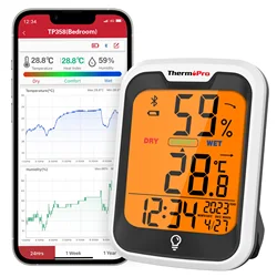 ThermoPro TP358 Backlight Bluetooth-contected APP Digit Weather Station Indoor Thermometer Hygrometer For Home With Clock & Day