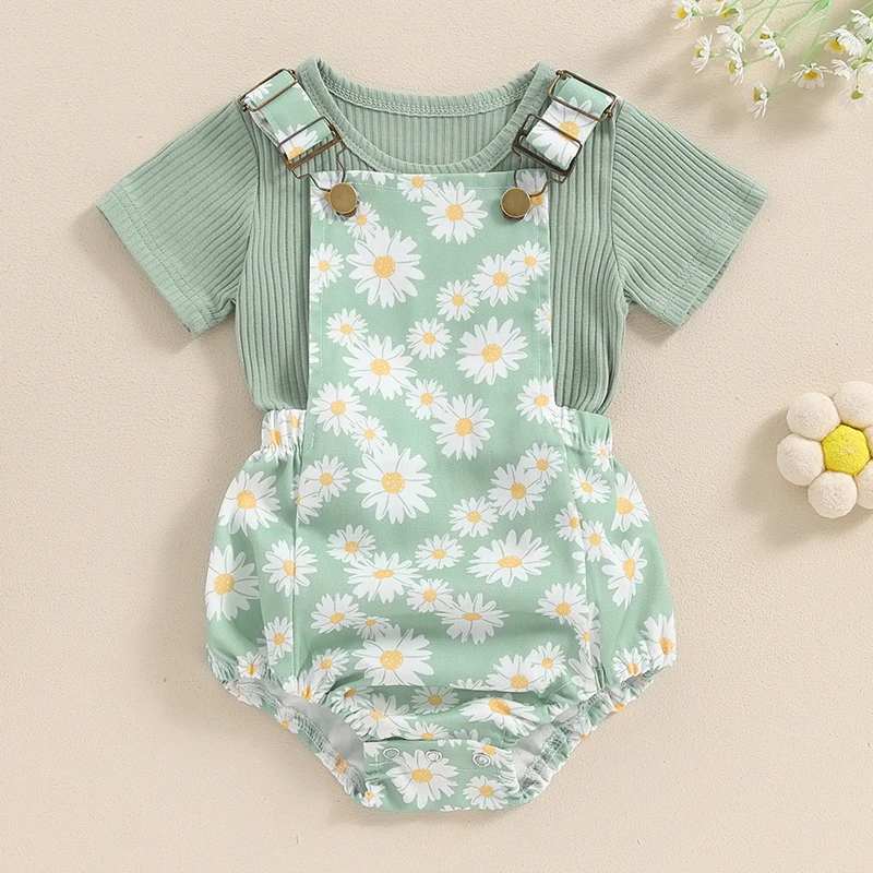 

Baby Girl Summer Clothes Set Fashion Newborn Infant Short Sleeve T-Shirt and Daisy Print Overalls Shorts 2Pcs For Toddler Outfit