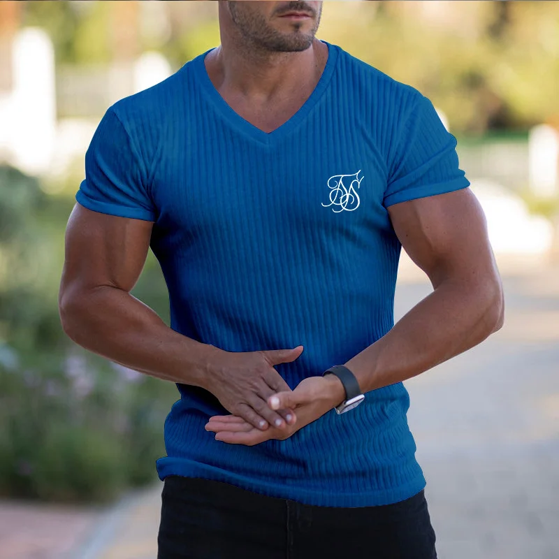 Men V Neck Short Sleeve T Shirt Fitness Slim Fit Sports Strips T-shirt Male Solid Fashion Tees Tops Summer Knitted Gym Shirts