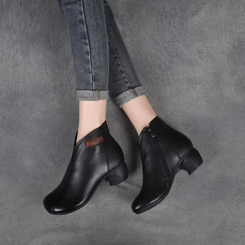 Women Boots Spring and Autumn Handmade Retro Womens Shoes Thick Heel Short Boots Medium Heel Genuine Leather Ankle Shoes Zapatos