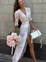 Chic Lace Trimmed Printed Dress Women Elegant Deep V-neck Waist Cinching Split Short Sleeve Maxi Dress 2026 Lady Party Vestidos - Image 2