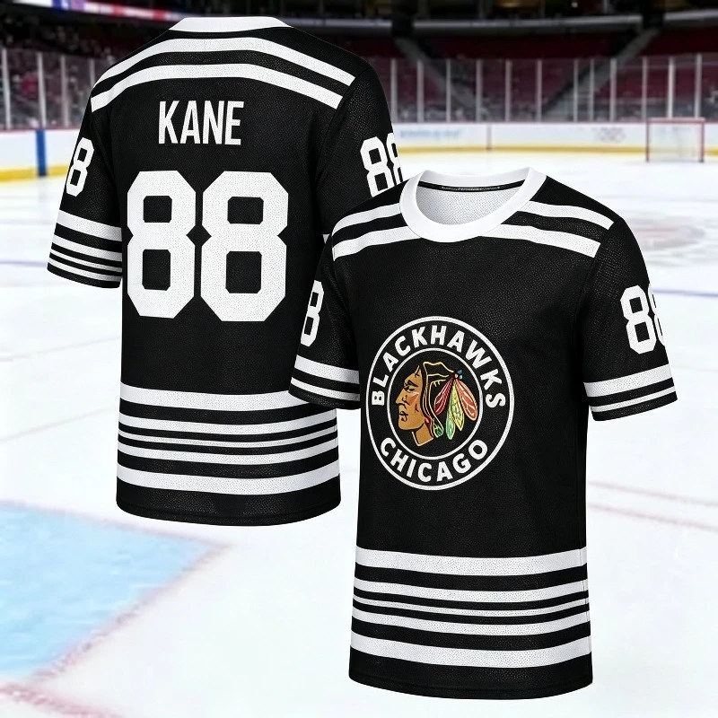 Kane #88 Chicago Blackhawks Ice Hockey Short Sleeve T Shirt Black Breathable Mesh Fan Sport Tee For Men Game Jersey Top