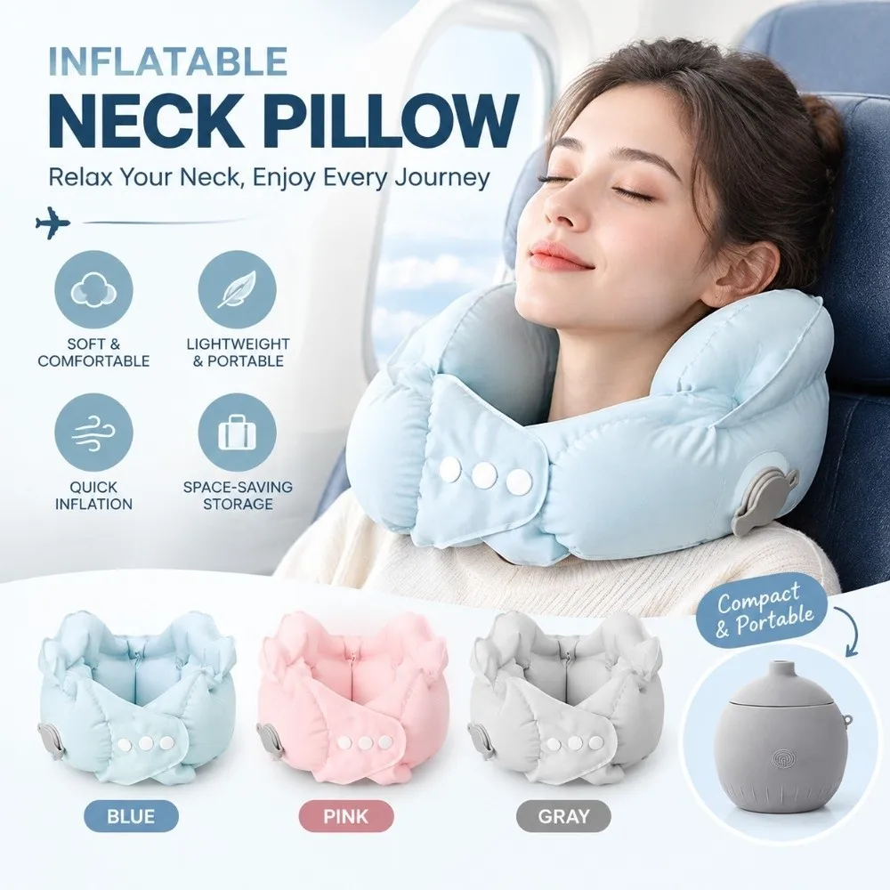 Ultra-Light Inflatable Travel Pillow Cooling Fabric Foldable U-Shaped Neck Pillow Press Air Pump Leak-Proof Air Pillow