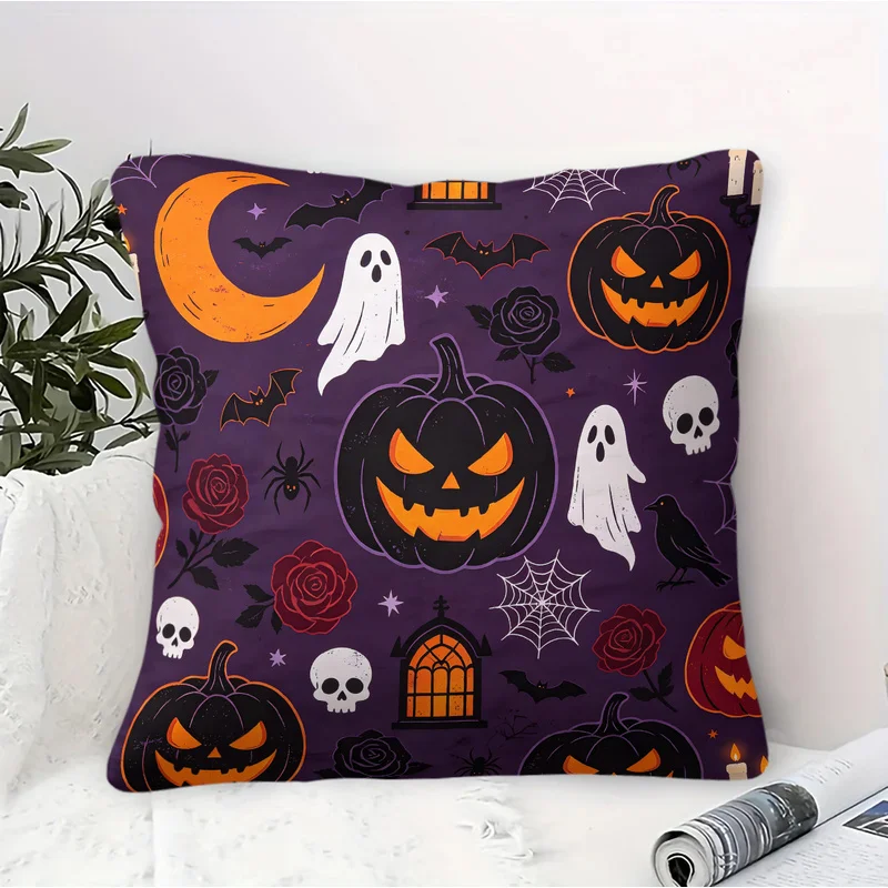 45x45cm-1Pc Halloween Microfiber Square Throw Pillow(With Pillow Insert),Skin-Friendly,Cartoon Spooky Ghost Pumpkin Skull Print