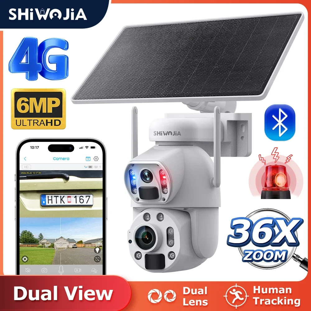 Shiojia 36x זום מצלמה סולארית 3mp 6mp מסך כפול pir דמוי pir דמוי אדם מעקב אחר אבטחה חיצוני מצלמות אבטחה