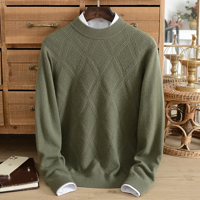 New winter cashmere sweater men's 100% pure cashmere half turtleneck knitted diamond-shaped casual thin bottoming warm sweater