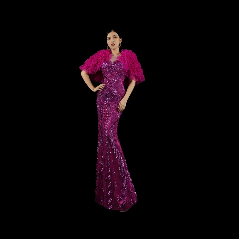 Baisha Red Evening Dress Custom Luxury Sequin Detachable Shawl Sexy Wedding Mermaid Dresses Saudi Arabia فساتين سهرة H1435