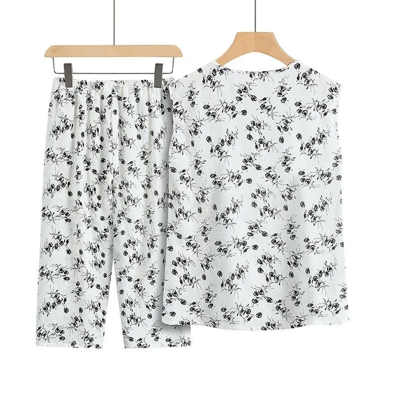 Conjunto de pijama holgado sin mangas para madre de mediana edad, ropa de dormir Floral de dos piezas, 4XL, Verano