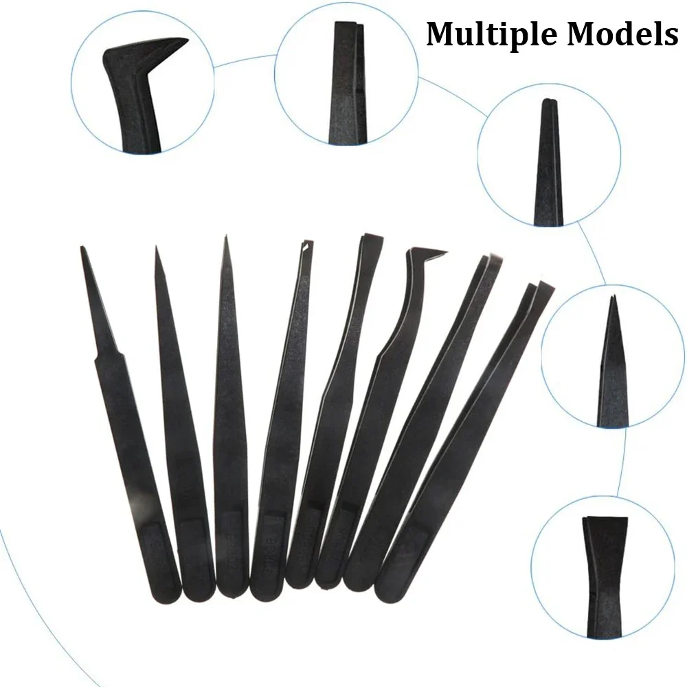 8PCS Black Plastic Pointed Tip Anti-static Carbon Fiber Electronic Tweezers Kit  for Electronics Diamond Sticker DIY Repair Tool