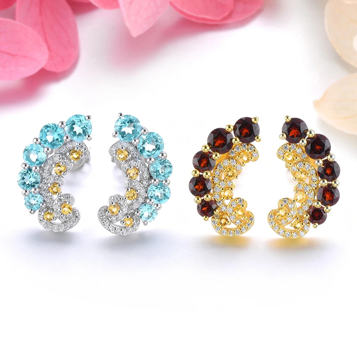 Natural Blue Topaz Citrine Sterling Silver Stud Earring 2.8 Carats Genuine Gemstone Romantic Design Women Summer Jewelrys