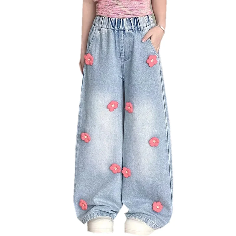 

Big Girl Baggy Floral Jeans with Applications For Kids Teen Fashion Wide Leg Denim Pants Child Loose Jeans Trousers with Flowers