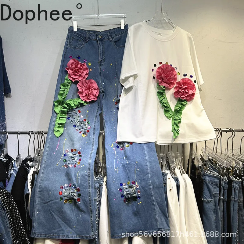 Spring Autumn Casual Women Two-piece Set 3d Flowers Diamonds Round Neck Short Short Sleeve T-shirt Top + High Waist Denim Pants