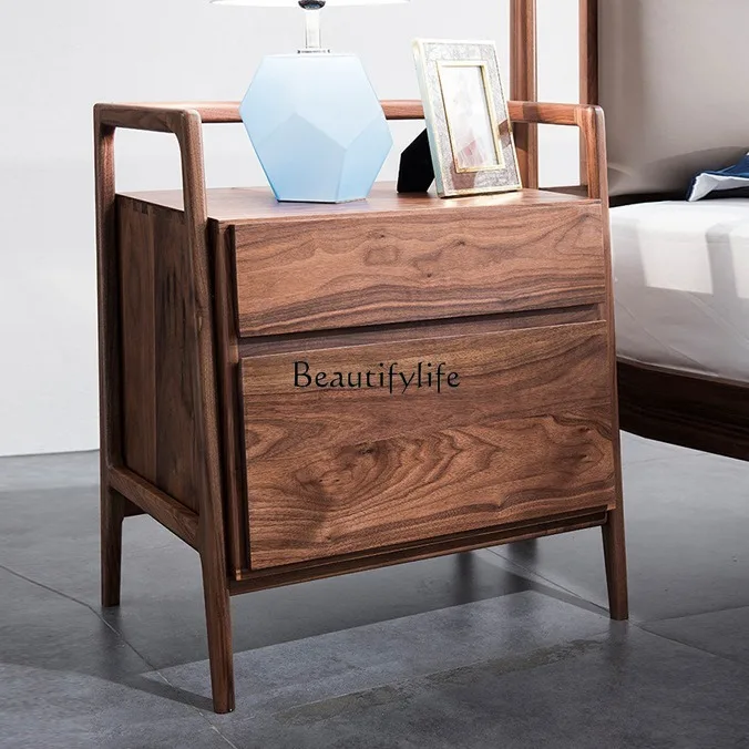 North American black walnut bedside table Modern Nordic all-solid wood storage Double-layer large-capacity locker