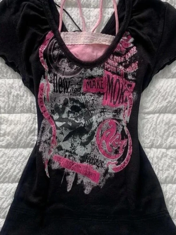 

HOUZHOU Gothic Vintage T-shirts Women Y2k Black Harajuku Grunge Graphic T-shirt Punk Retro False Two-piece Print Top Streetwear