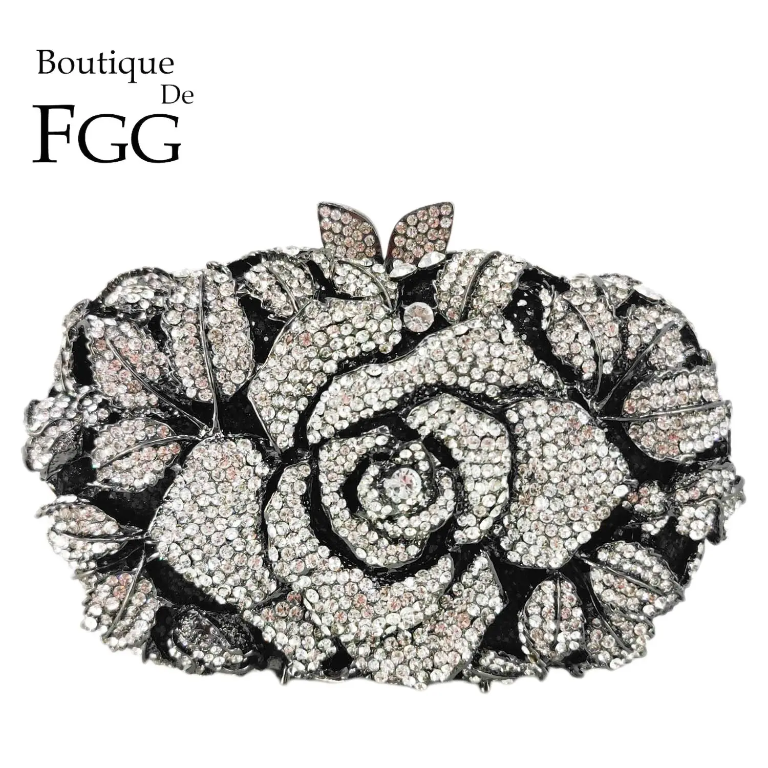 Boutique De FGG Black Flower Clutch Evening Bags for Women Formal Party Crystal Handbags Bride Diamond Minaudiere Purses Bag