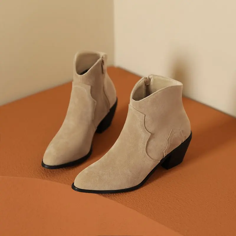 Girseaby Female Ankle Boots Flock Suede Pointed Toe Block Heels 6cm Zipper Large Size 45 46 47 48 Leisure Daily Western Booties