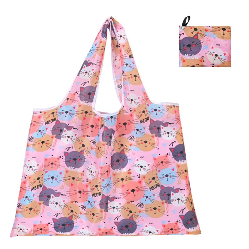 Cat Panda Animal  Flower Pattern Large Folding Shopping Bag Easy to Carry Reusable Large Capacity Eco Storage Handbag