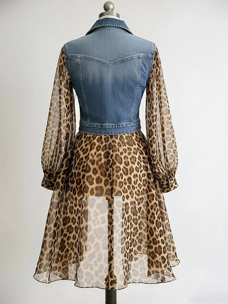Tulle Leopard Splicing Women Denim Coat Turndown Collar See-Through Long Sleeve Slim Fit Top Elegant Single-breasted Jackets