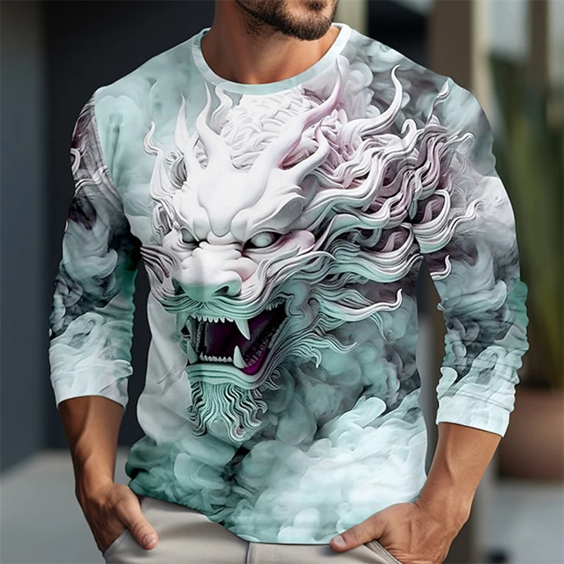 2023 New Men Long Sleeve Crewneck Print Fierce Animal Pattern Y2K Fashion Men\'s Shirt Long Sleeve Street Retro Style Men\'s Wear