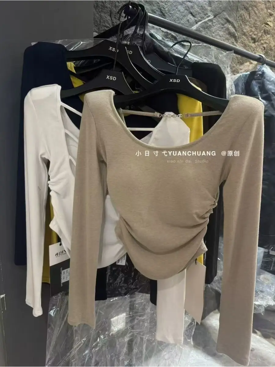 Damskie seksowne koszulki z długim rękawem i odkrytymi plecami, z poduszkami na ramionach, jesienne, jednolite bluzki z okrągłym dekoltem, obcisłe, podstawowe koszulki w stylu \"hot sweet\" od SY'sYouthfully.