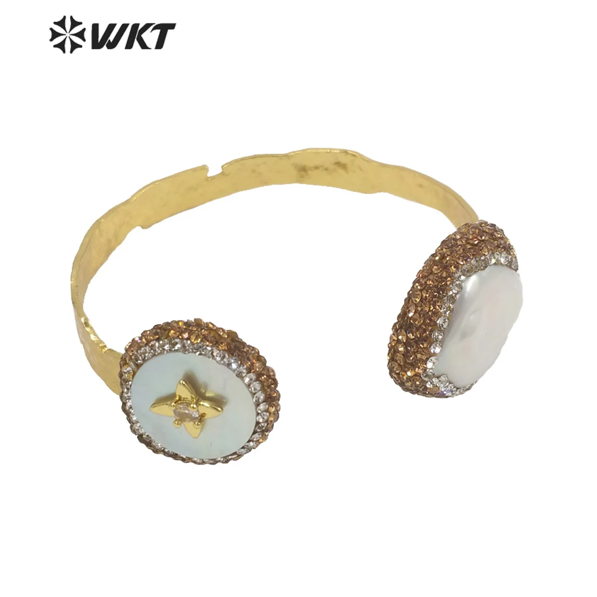 

PWT-MPB090 WKT Exclusive Double Pearl Bangle With Rhinestone18k Gold Plated For Women Bohemian Opening Decorative