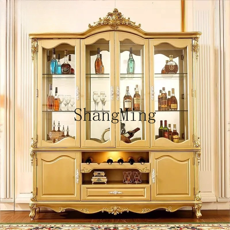 

DHY solid wood carving flower villa furniture decorative cabinet champagne gold locker