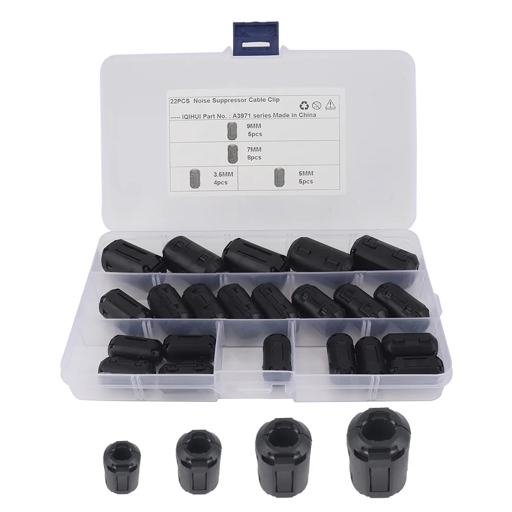22Pcs Ferrite Core Ring Clamp Kit 3.5mm/5mm/7mm/9mm RFI EMI Filter Core Ring Bead Noise Suppressor RFI EMI Noise Magnetic Filter