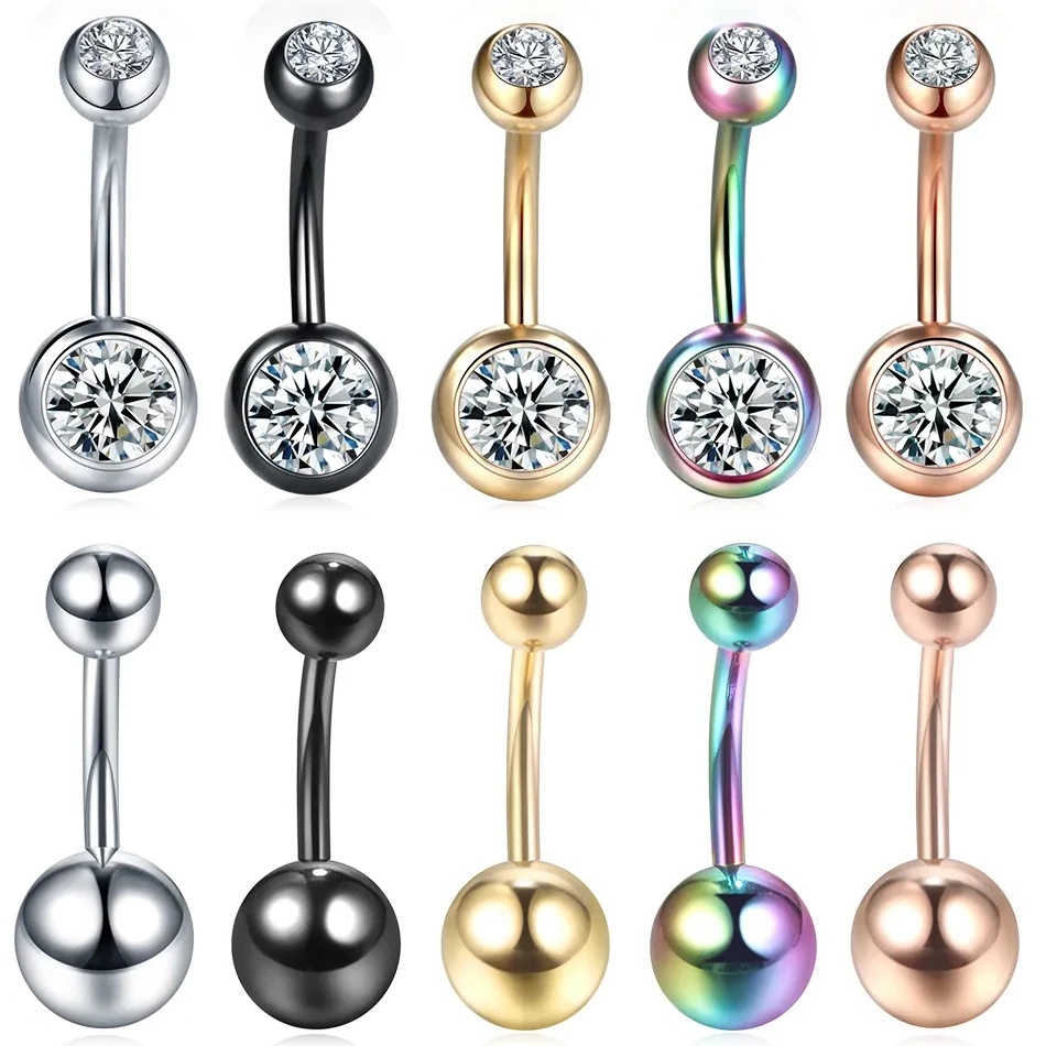 Piercing da Barriga em Aço Inoxidável para Mulheres, Duplo Rodada Cristal Umbigo Anéis, Umbigo Anel, Jóia do Corpo, 14G, 10Pcs por lote