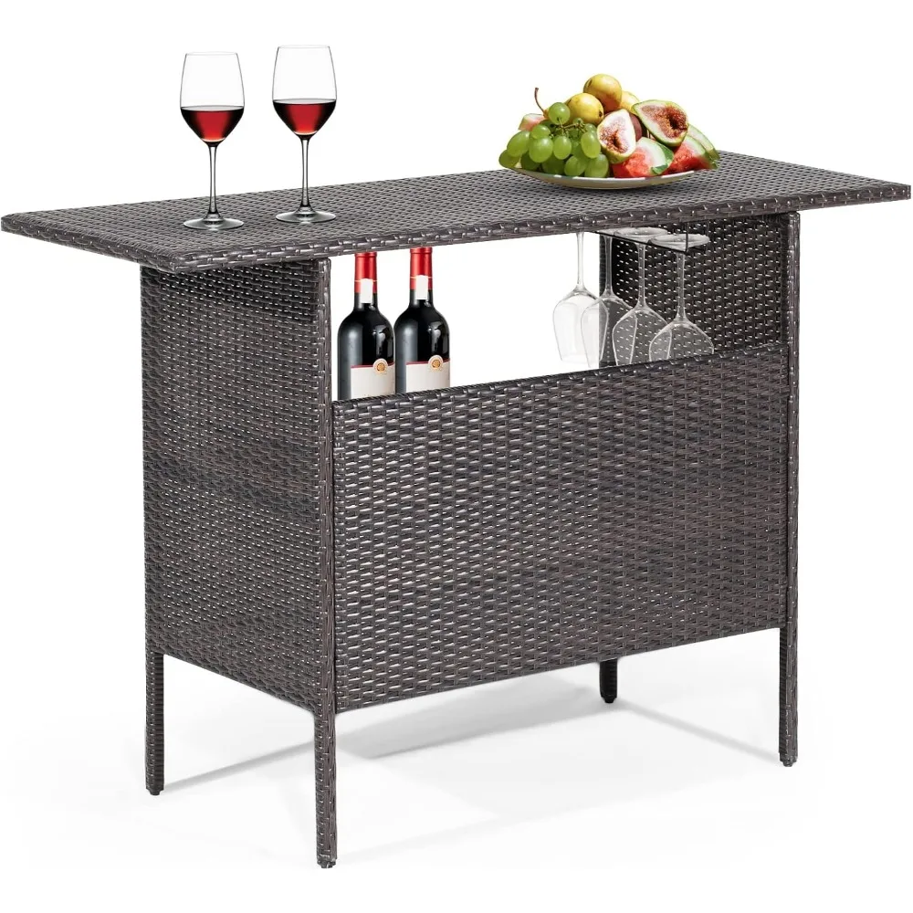 Tangkula Outdoor Wicker Bar Table, Patiojoy All Weather Patio Bar Height Table with 2 Metal Mesh Shelves & 2-Rail Steel Stemware