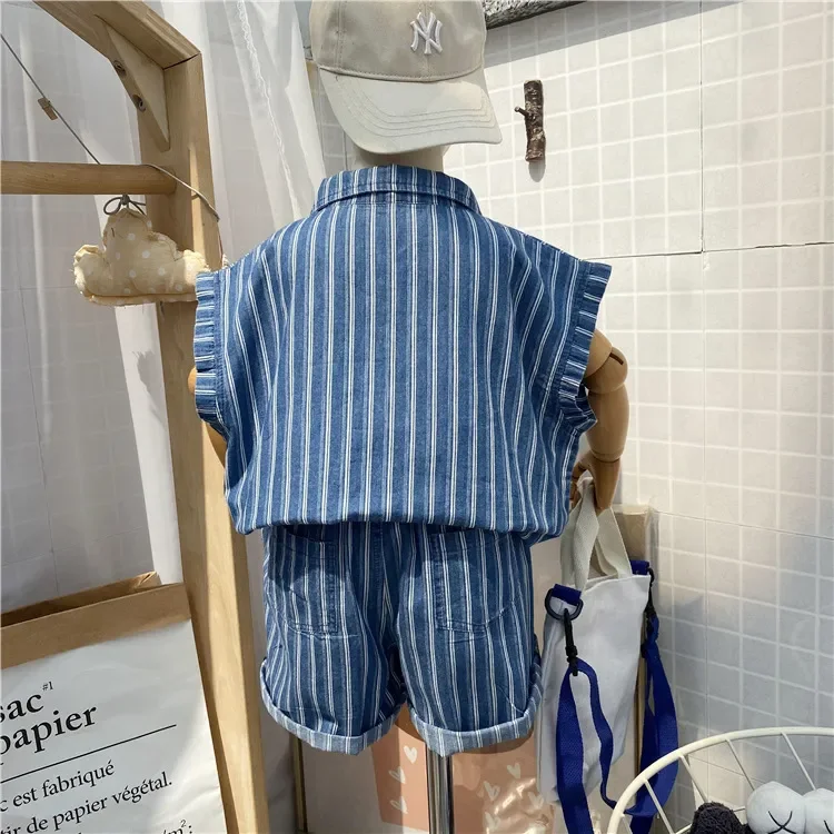 Traje a rayas para bebés de 1 a 9 años, ropa para niños, conjunto de ropa para niños, traje de mezclilla para bebés, moda de verano coreana, 2 piezas