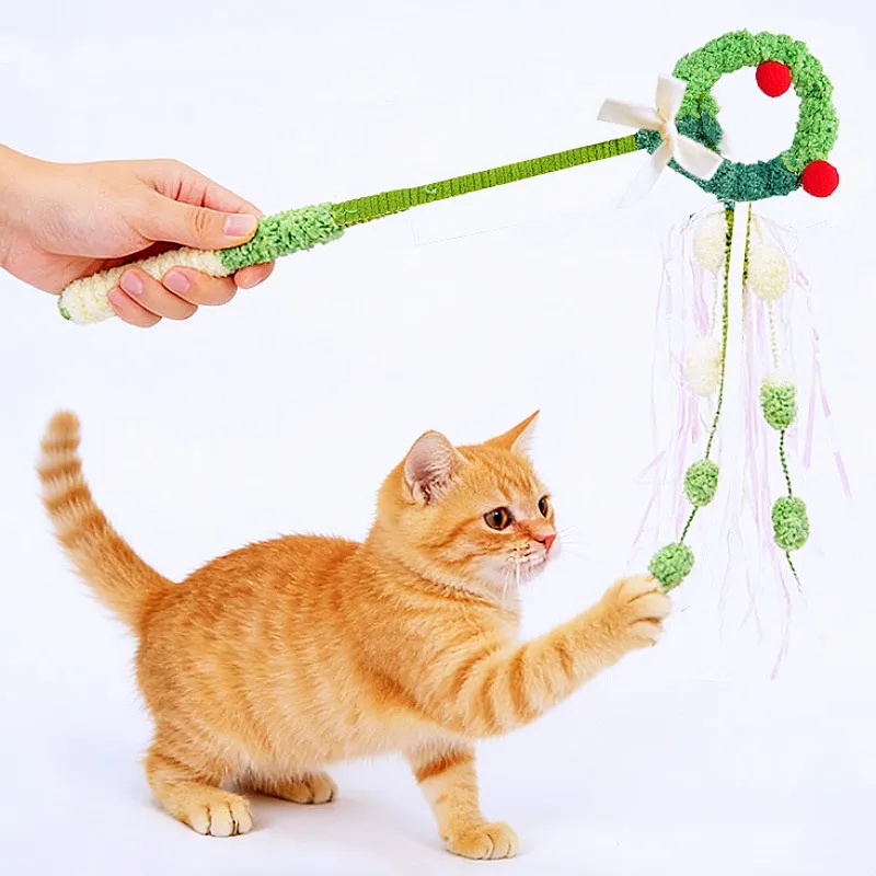 Cat Toys Tassel Cats Stick Teaser Wool Ball Tassel Interactive Cat Toy Cartoon Sticks Cats Toy with Bell Cute Handle Kitten Toys